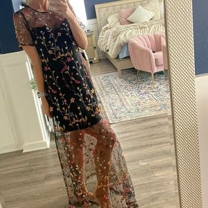 Sheer floral with layered black mini dress!